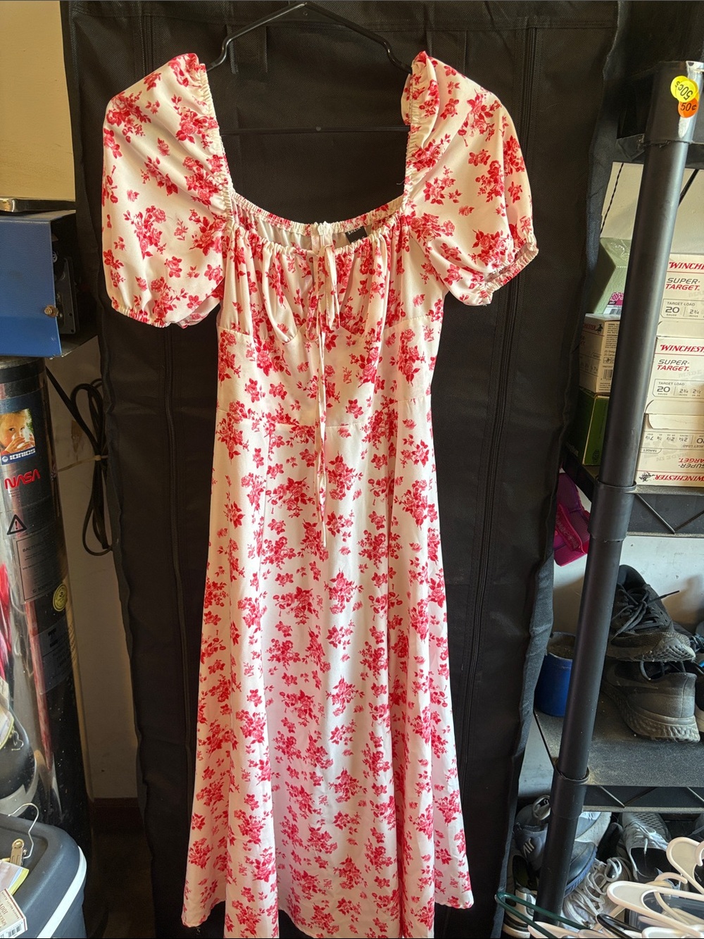 SHEIN White Maxi Dress with Red Floral Print and Puff Sleeves